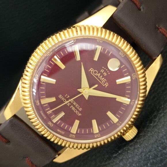 Fortis Other - Vintage 1973 Roamer Manual Mens Gold Watch W/Leather Strap & Red accents